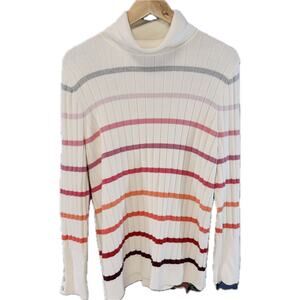 Talbots Ribbed Turtleneck Sweater Cream‎ Rainbow Stripe Plus Size 1X Pullover
